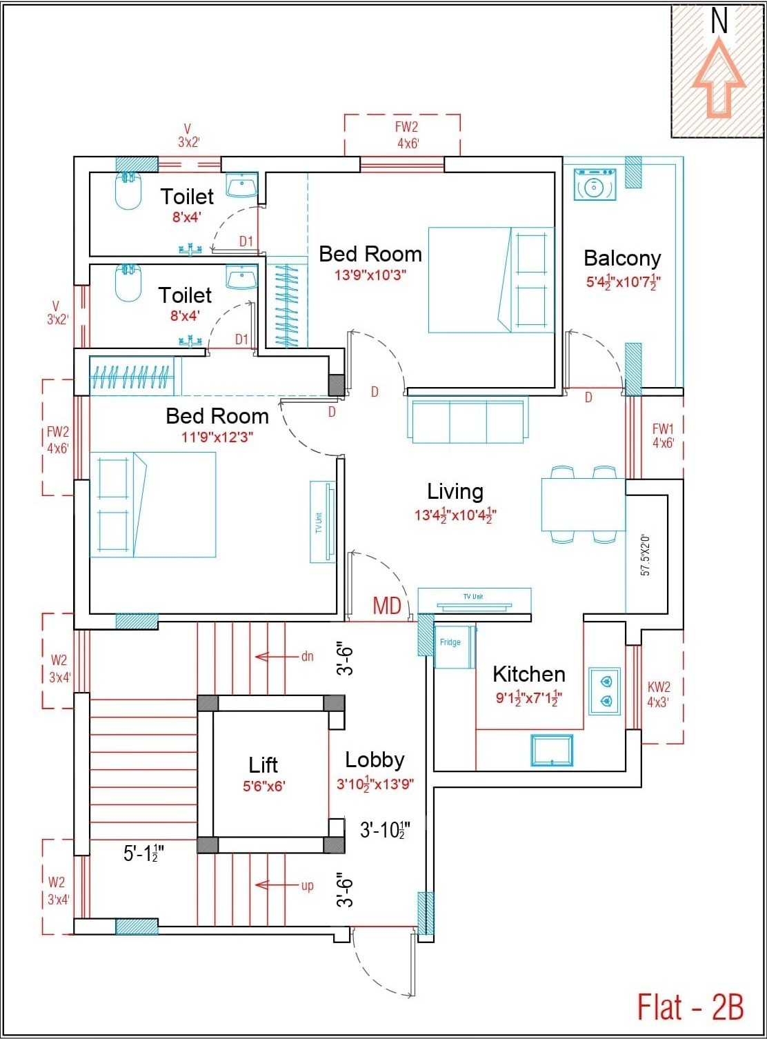 2BHK – 2nd Floor – Flat 2B – 966 Sq. Ft – Facing South – UDS – 402.50